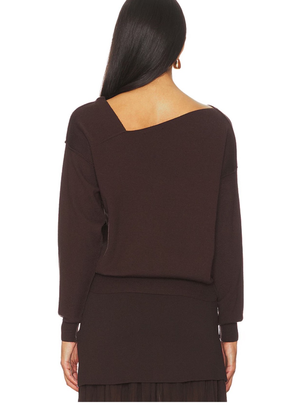 Brown V-Neck Asymmetrical Knit Sweater - Picture 2 of 6